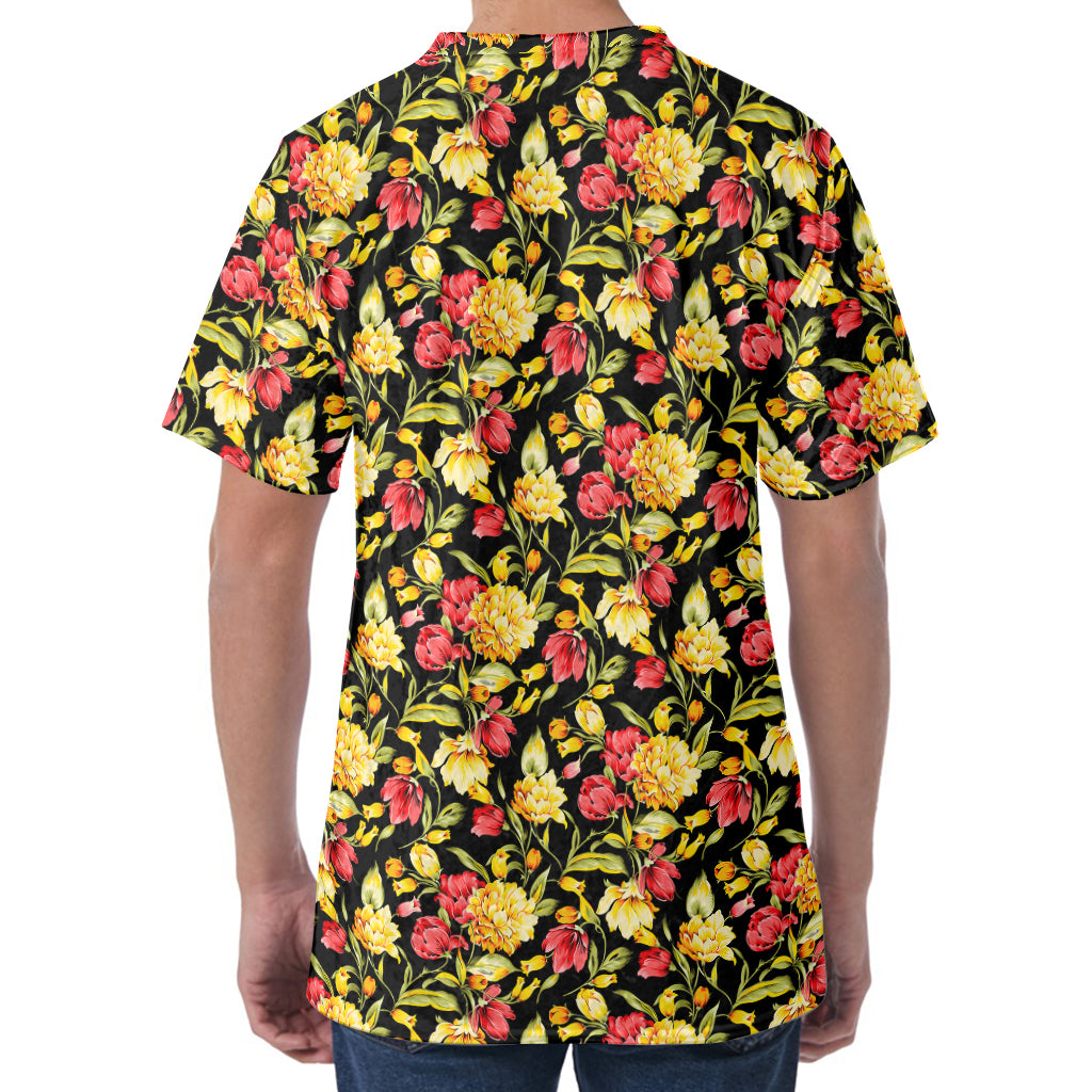 Red And Yellow Flowers Print Men's Velvet T-Shirt