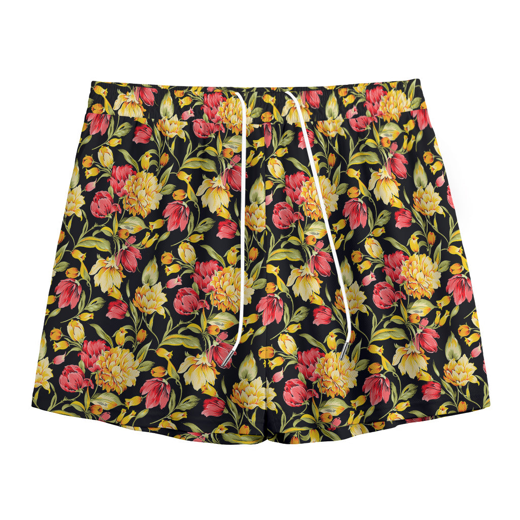 Red And Yellow Flowers Print Mesh Shorts