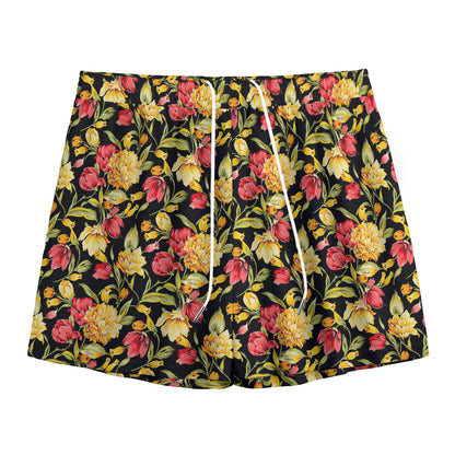 Red And Yellow Flowers Print Mesh Shorts