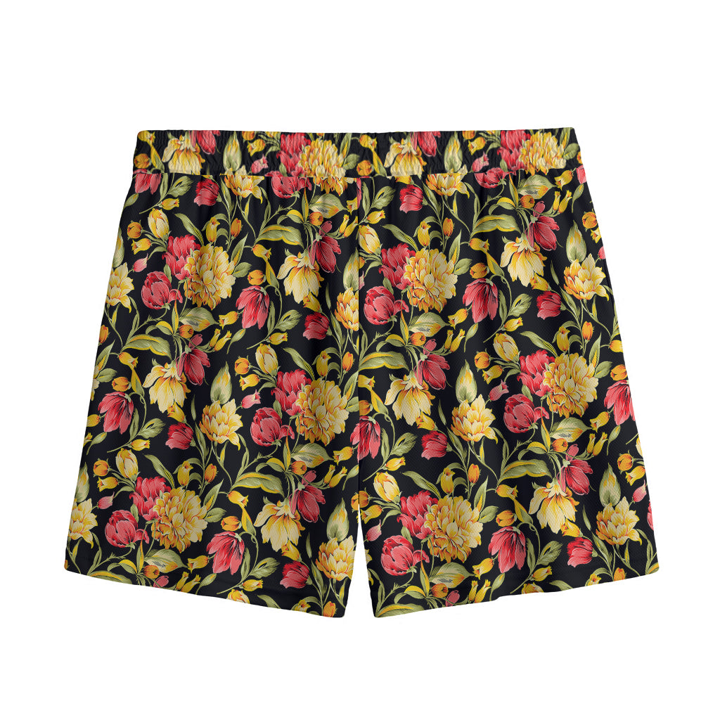 Red And Yellow Flowers Print Mesh Shorts