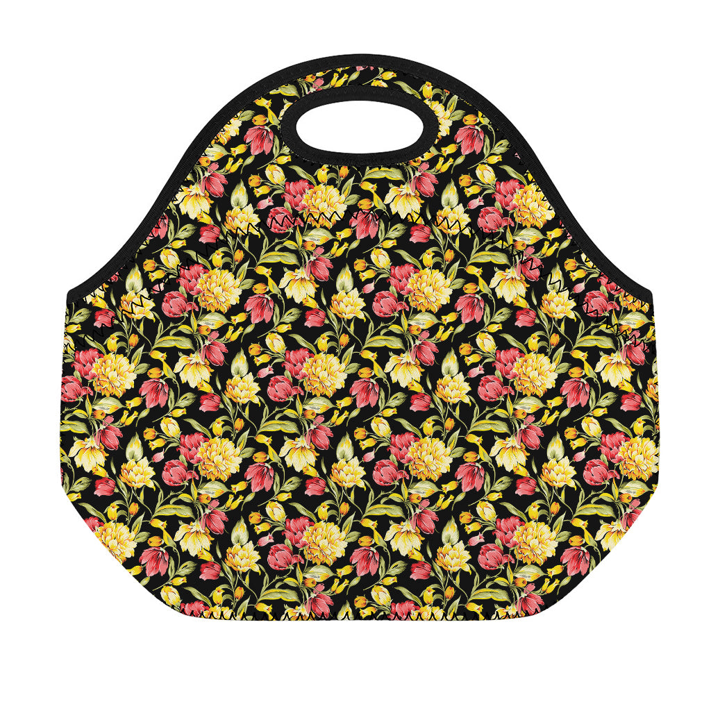 Red And Yellow Flowers Print Neoprene Lunch Bag