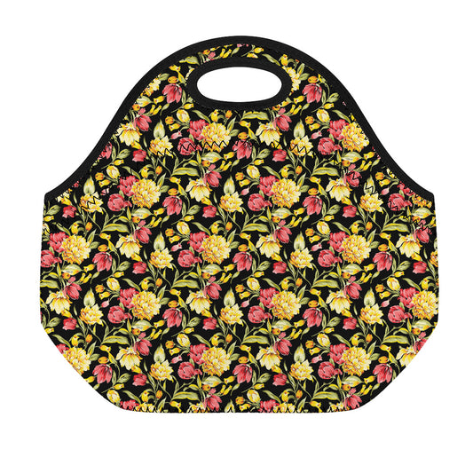 Red And Yellow Flowers Print Neoprene Lunch Bag