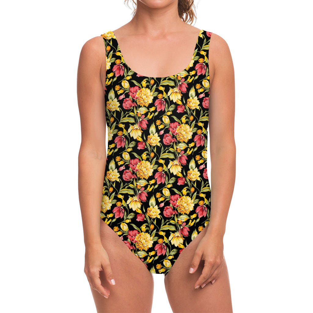 Red And Yellow Flowers Print One Piece Swimsuit