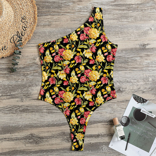 Red And Yellow Flowers Print One Shoulder Bodysuit