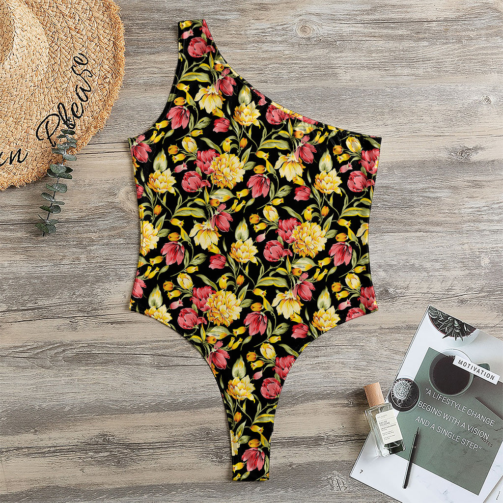 Red And Yellow Flowers Print One Shoulder Bodysuit