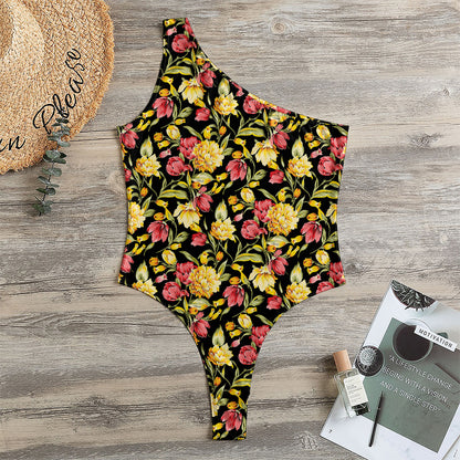 Red And Yellow Flowers Print One Shoulder Bodysuit