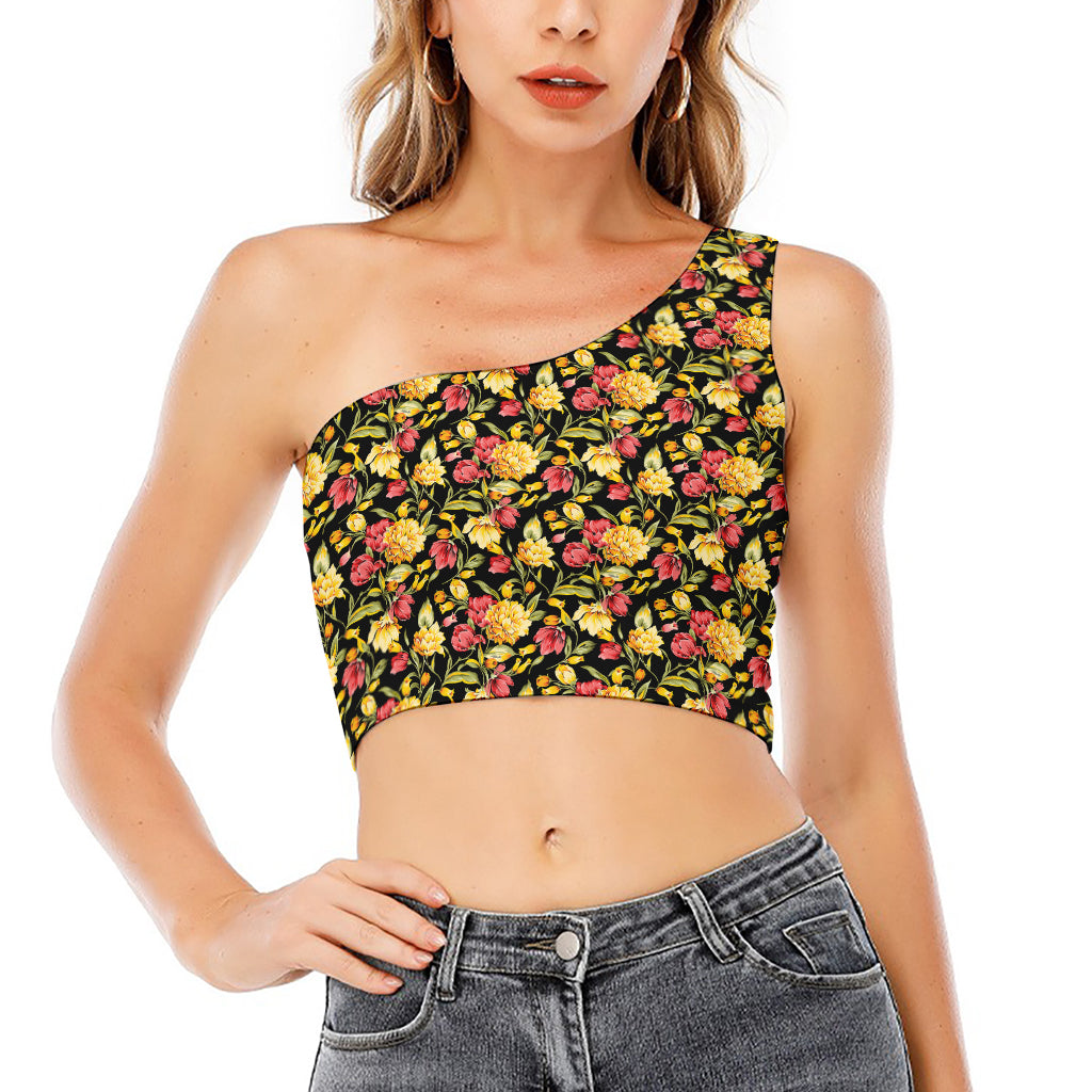 Red And Yellow Flowers Print One Shoulder Crop Top