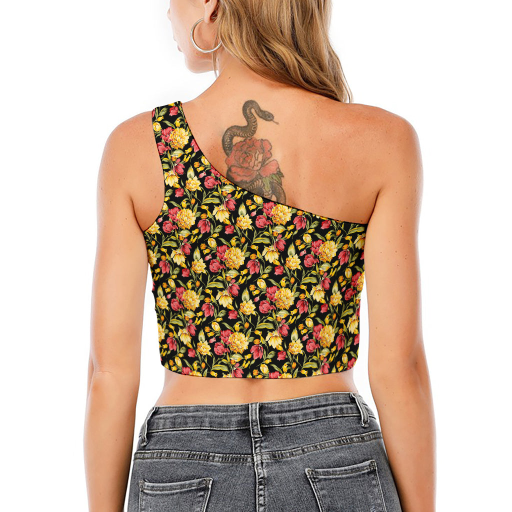 Red And Yellow Flowers Print One Shoulder Crop Top