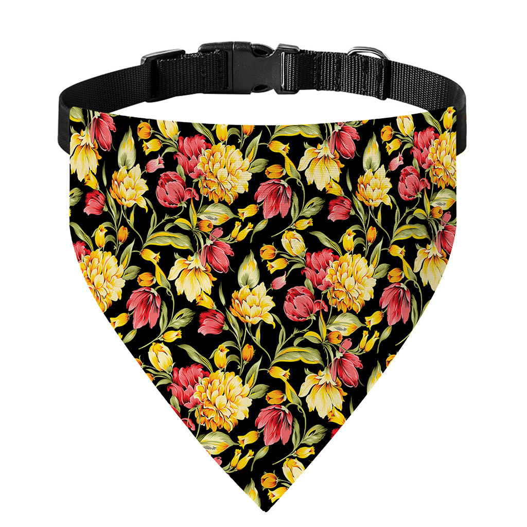 Red And Yellow Flowers Print Over The Collar Dog Bandana