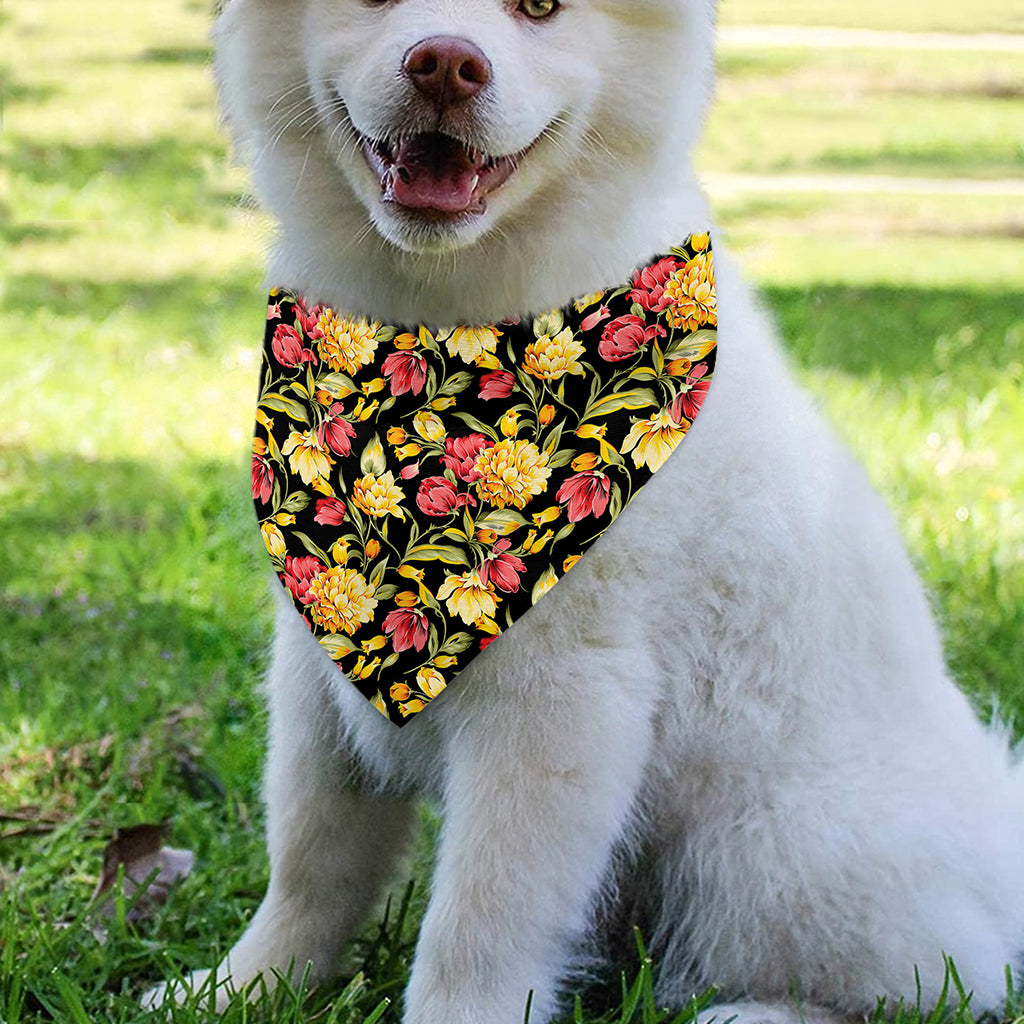 Red And Yellow Flowers Print Over The Collar Dog Bandana