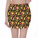 Red And Yellow Flowers Print Pencil Mini Skirt