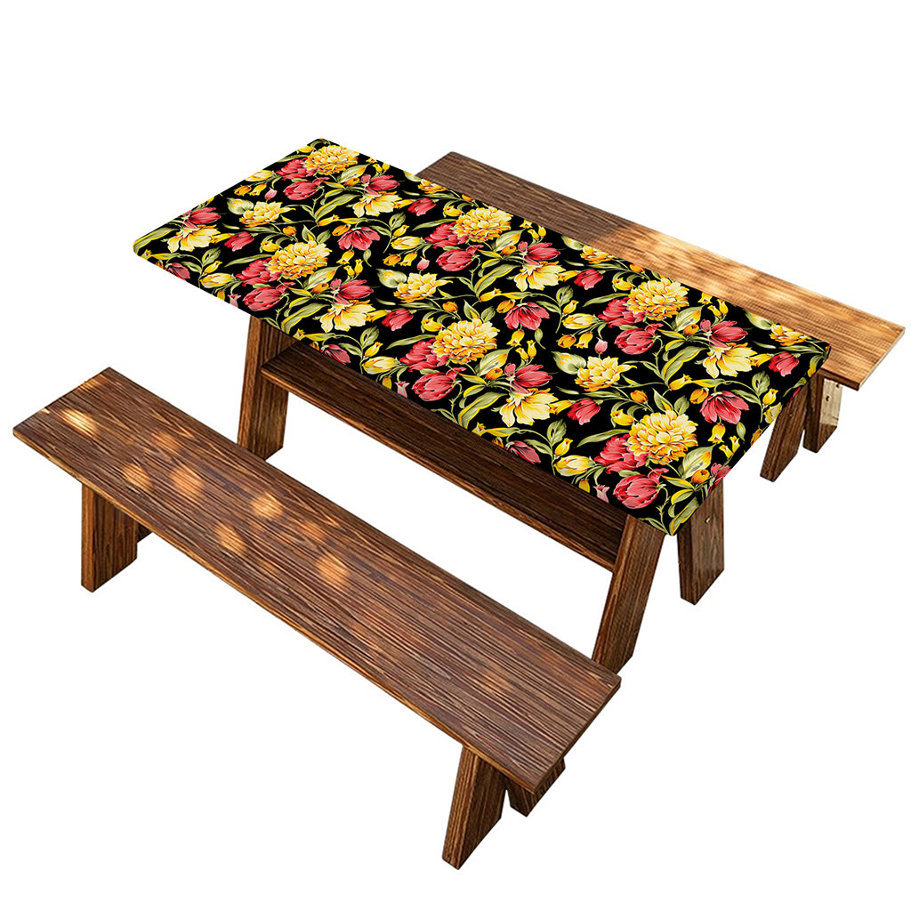 Red And Yellow Flowers Print Picnic Table Cover