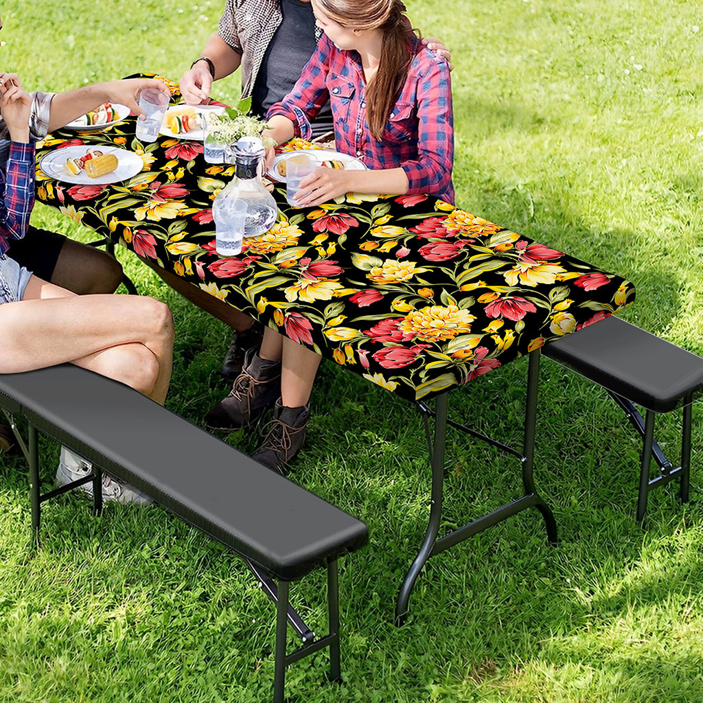 Red And Yellow Flowers Print Picnic Table Cover