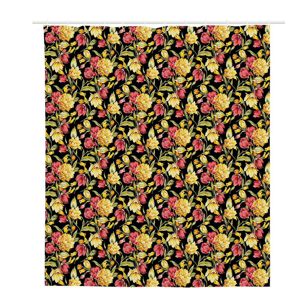 Red And Yellow Flowers Print Polyester Shower Curtain