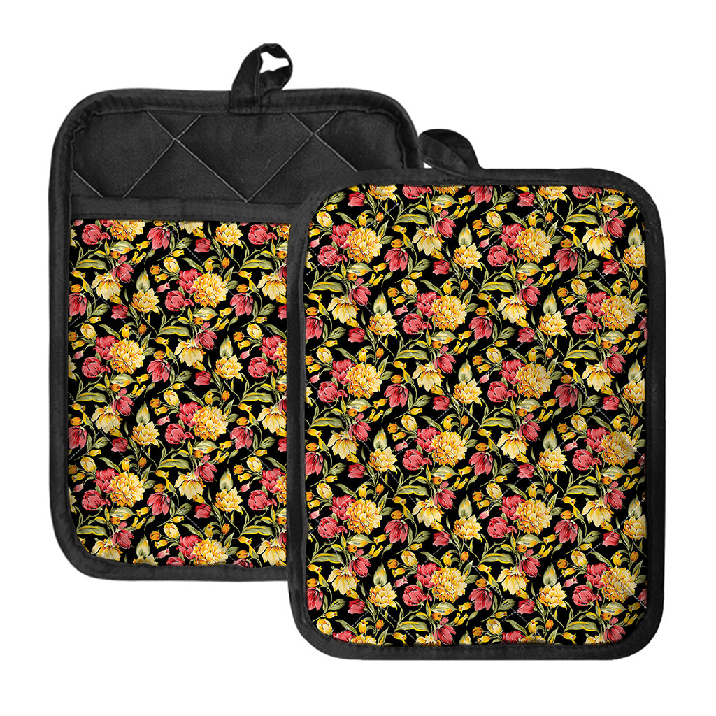 Red And Yellow Flowers Print Pot Holders With Pocket
