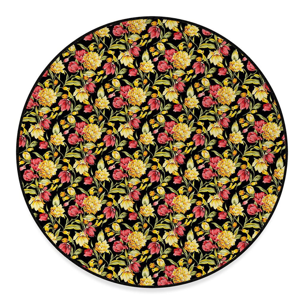 Red And Yellow Flowers Print Round Floor Mat