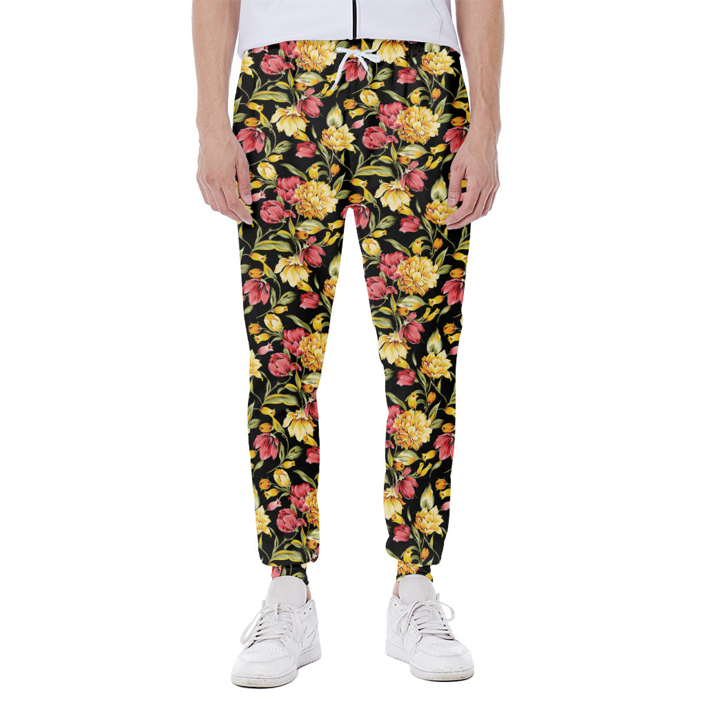 Red And Yellow Flowers Print Scuba Joggers