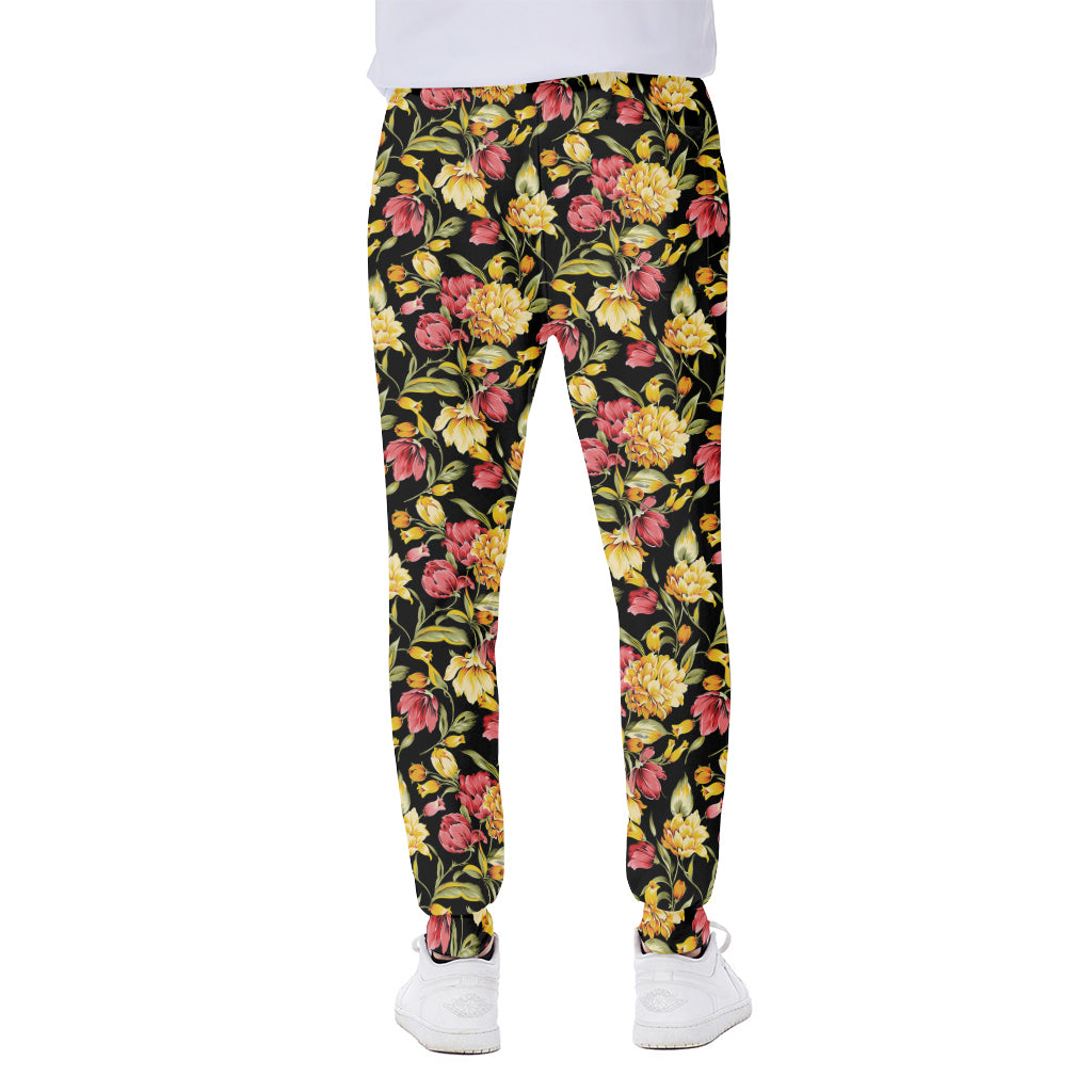 Red And Yellow Flowers Print Scuba Joggers