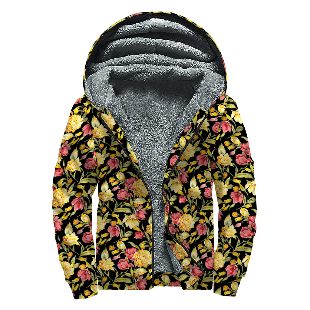Red And Yellow Flowers Print Sherpa Lined Zip Up Hoodie