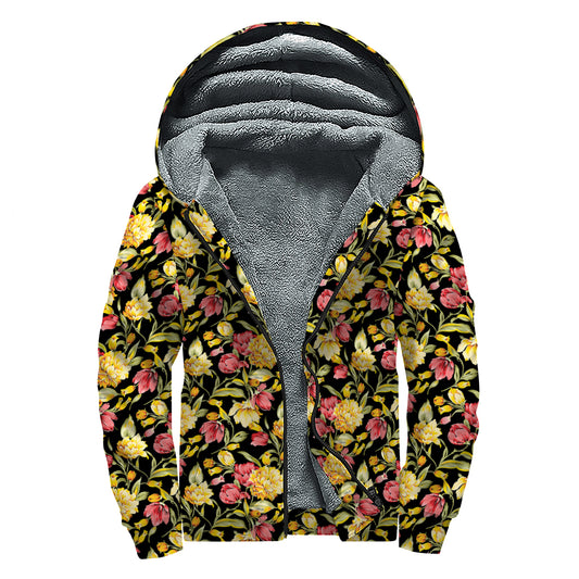 Red And Yellow Flowers Print Sherpa Lined Zip Up Hoodie