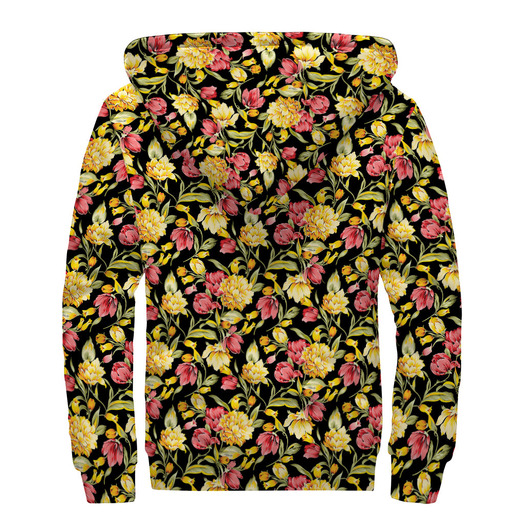 Red And Yellow Flowers Print Sherpa Lined Zip Up Hoodie