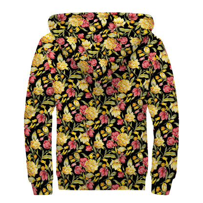 Red And Yellow Flowers Print Sherpa Lined Zip Up Hoodie