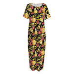 Red And Yellow Flowers Print Short Sleeve Long Nightdress