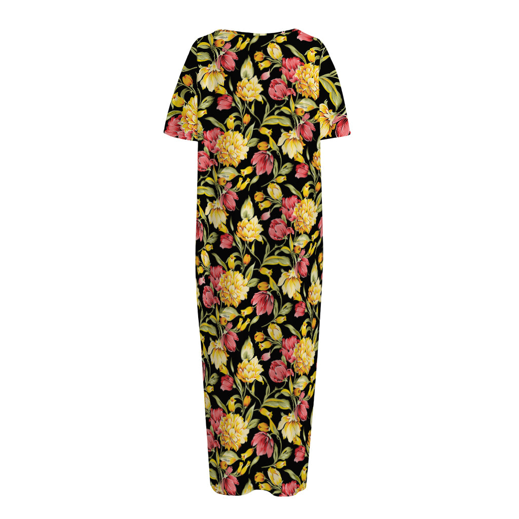 Red And Yellow Flowers Print Short Sleeve Long Nightdress