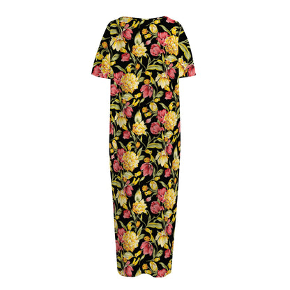 Red And Yellow Flowers Print Short Sleeve Long Nightdress