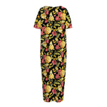 Red And Yellow Flowers Print Short Sleeve Long Nightdress