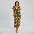 Red And Yellow Flowers Print Short Sleeve Maxi Dress