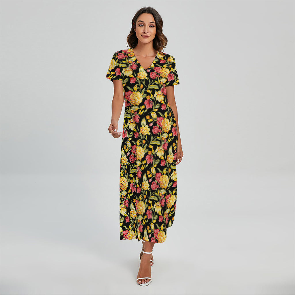 Red And Yellow Flowers Print Short Sleeve Maxi Dress