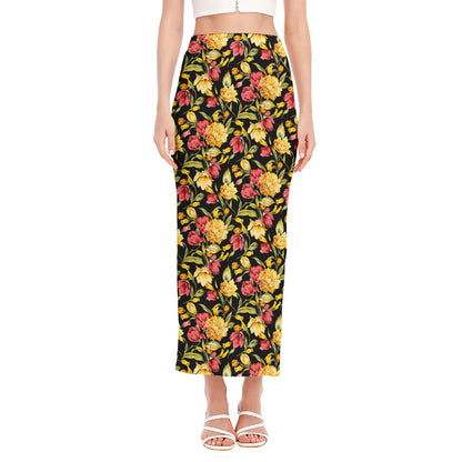 Red And Yellow Flowers Print Side Slit Maxi Skirt
