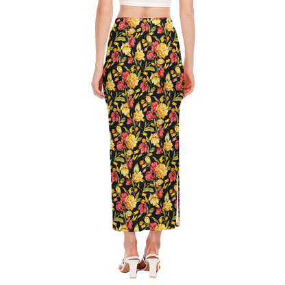 Red And Yellow Flowers Print Side Slit Maxi Skirt