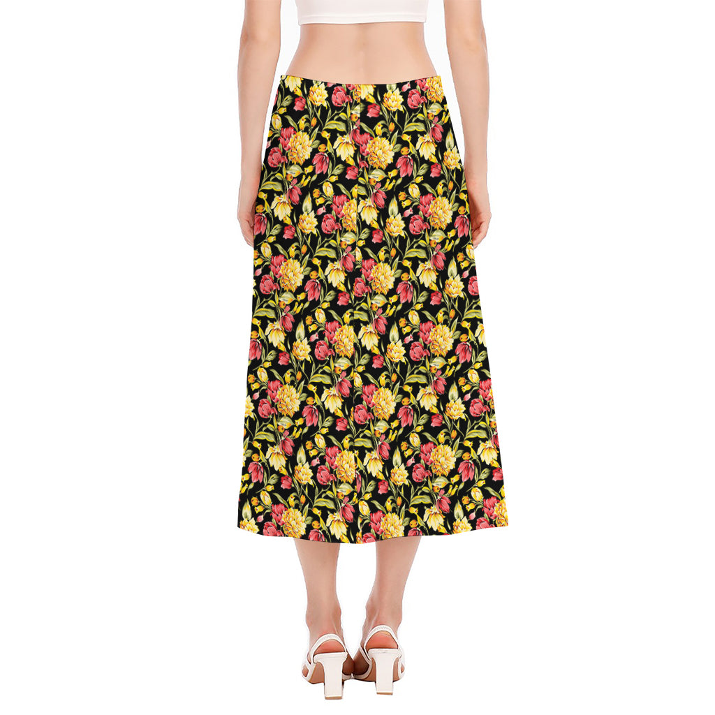 Red And Yellow Flowers Print Side Slit Midi Skirt
