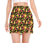 Red And Yellow Flowers Print Side Slit Mini Skirt
