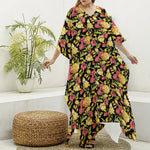 Red And Yellow Flowers Print Silk V-Neck Kaftan Dress