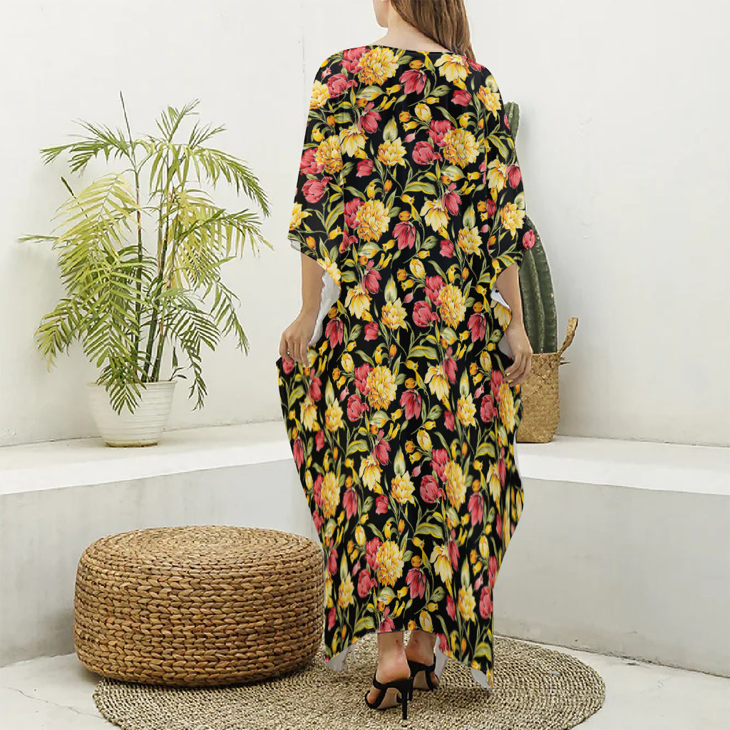 Red And Yellow Flowers Print Silk V-Neck Kaftan Dress