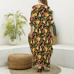 Red And Yellow Flowers Print Silk V-Neck Kaftan Dress