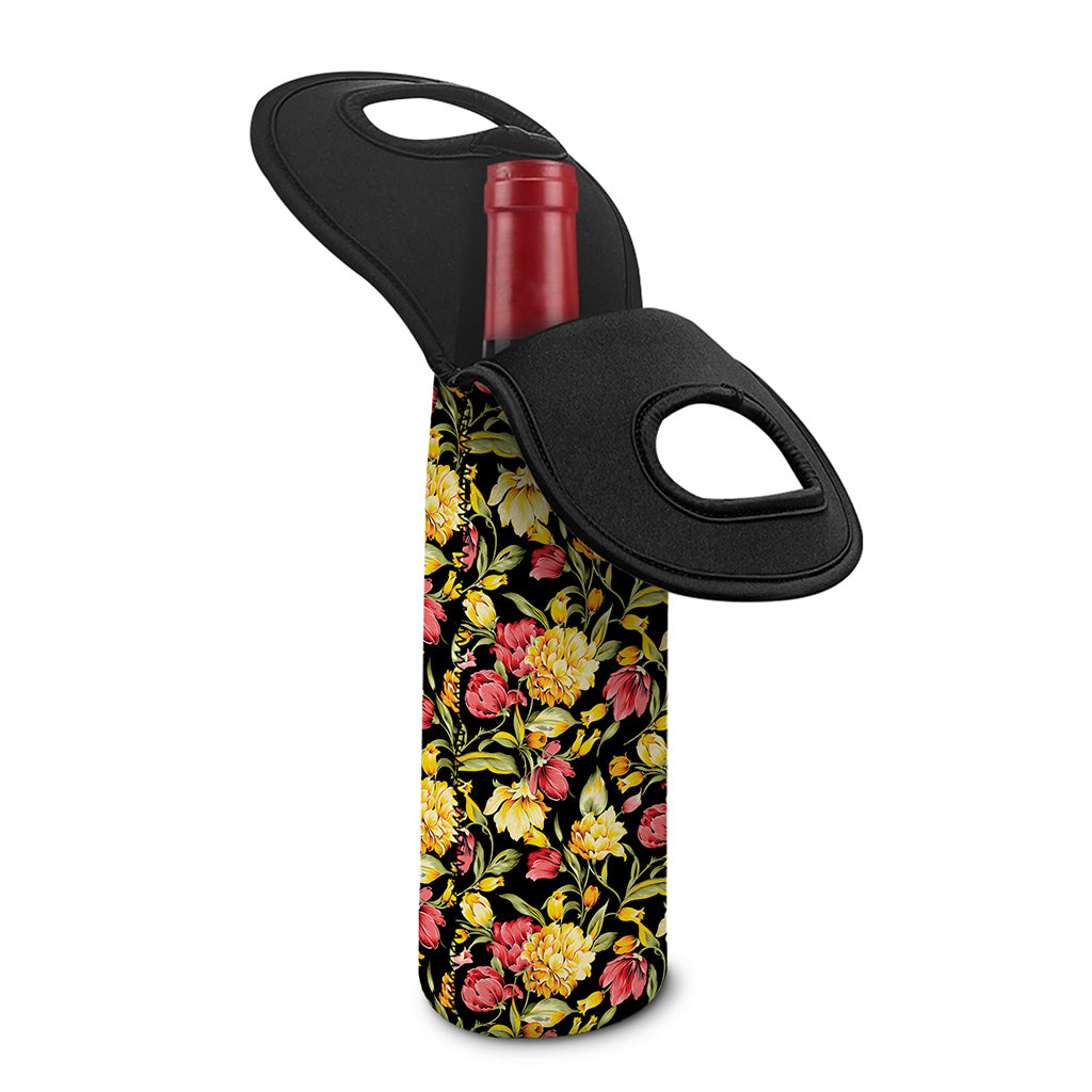 Red And Yellow Flowers Print Single Neoprene Wine Tote