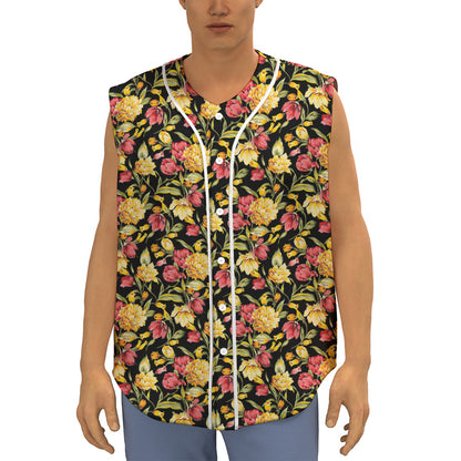 Red And Yellow Flowers Print Sleeveless Baseball Jersey