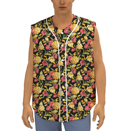 Red And Yellow Flowers Print Sleeveless Baseball Jersey