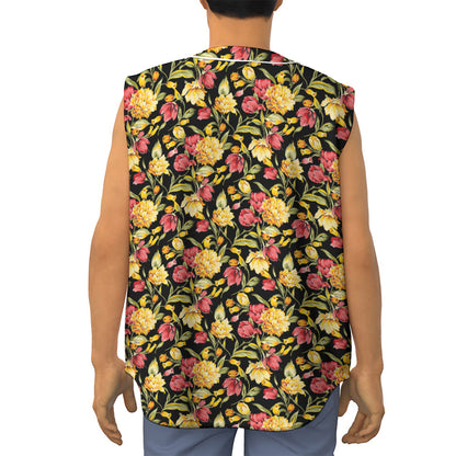 Red And Yellow Flowers Print Sleeveless Baseball Jersey