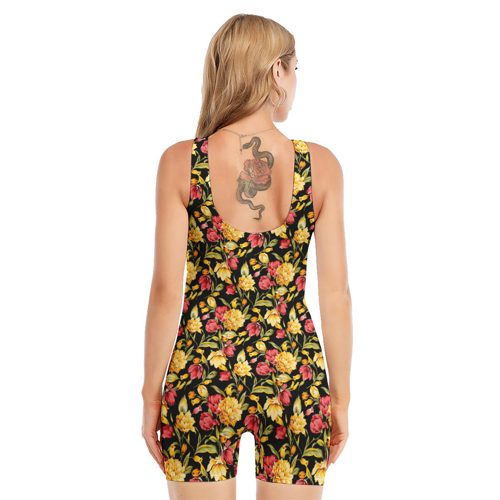 Red And Yellow Flowers Print Sleeveless One Piece Swimsuit