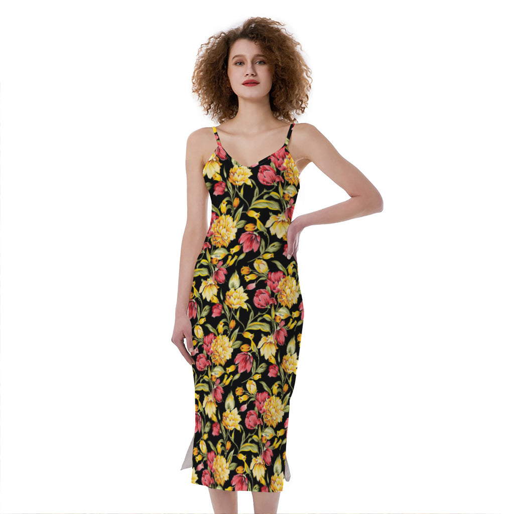 Red And Yellow Flowers Print Slim Fit Midi Cami Dress