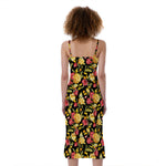 Red And Yellow Flowers Print Slim Fit Midi Cami Dress