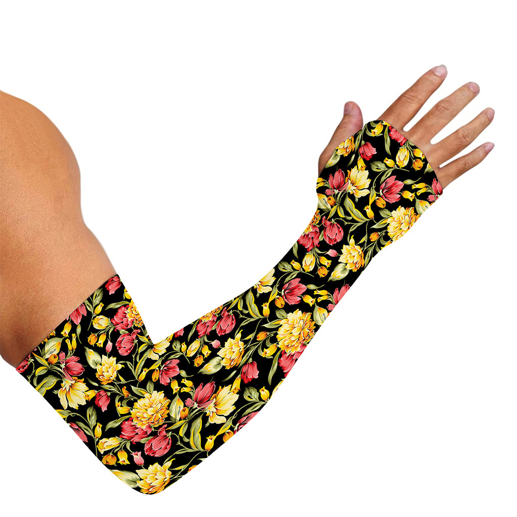 Red And Yellow Flowers Print Sun Protection Arm Sleeves