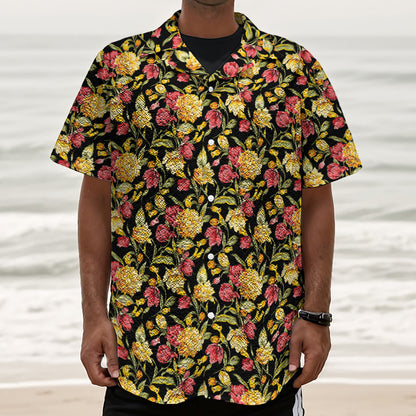 Red And Yellow Flowers Print Textured Short Sleeve Shirt