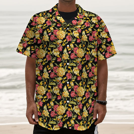 Red And Yellow Flowers Print Textured Short Sleeve Shirt