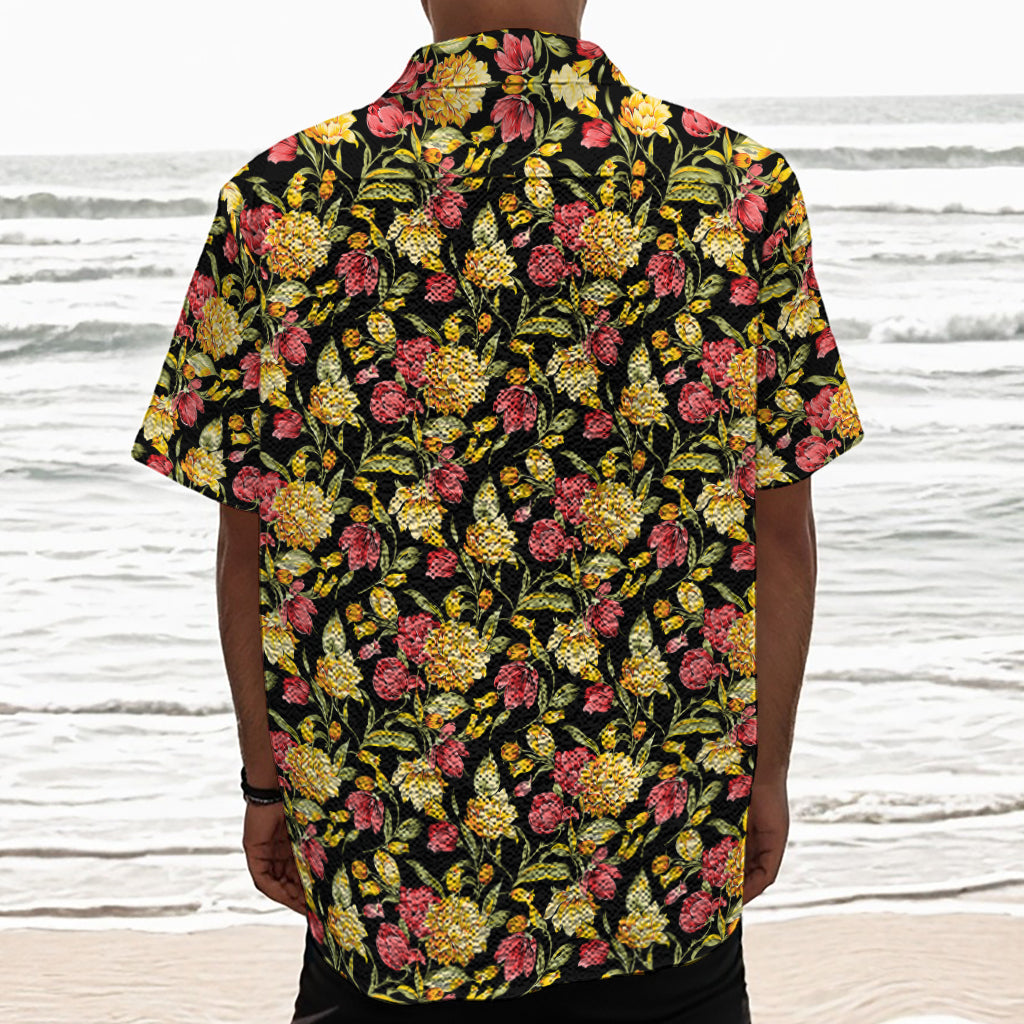 Red And Yellow Flowers Print Textured Short Sleeve Shirt